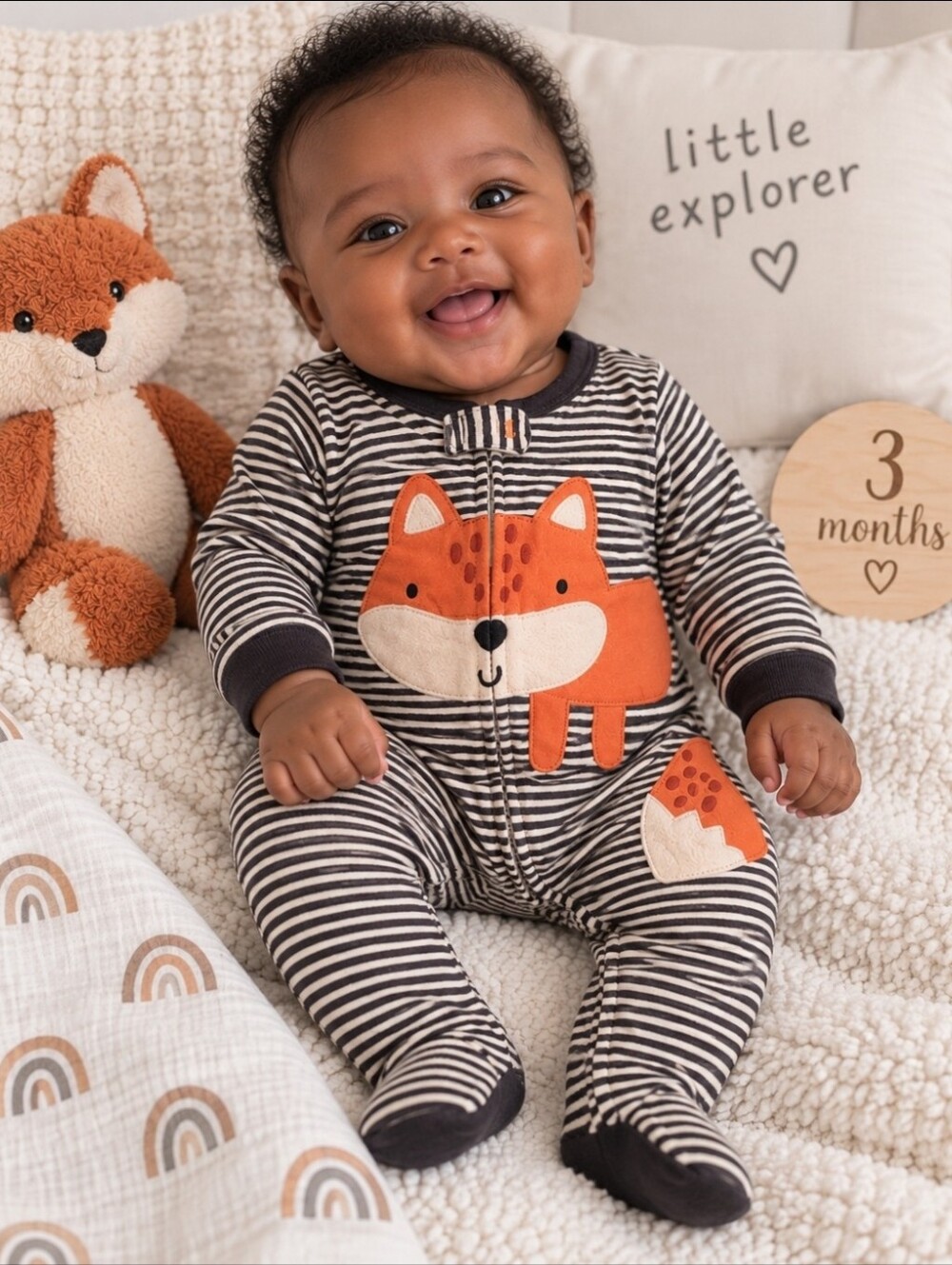 0-3 Month Striped Fox Footed One-Piece in Orange and Cream